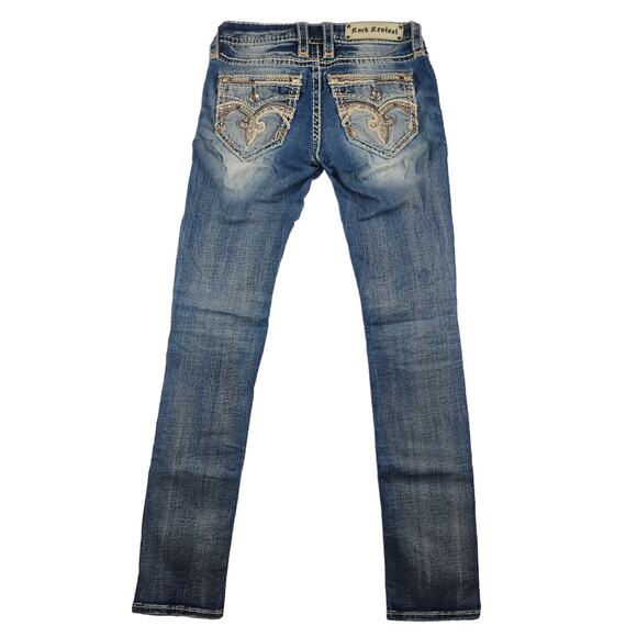 Rock Revival Jeans Womens 25 27 Pilkin Straight Medium Wash Rhinestones Faded - Picture 1 of 12